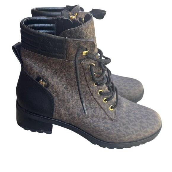 Michael Kors Alistair Combat Moto Boot Womens Size 11 Lace Up Logo Brown Black - Picture 1 of 7